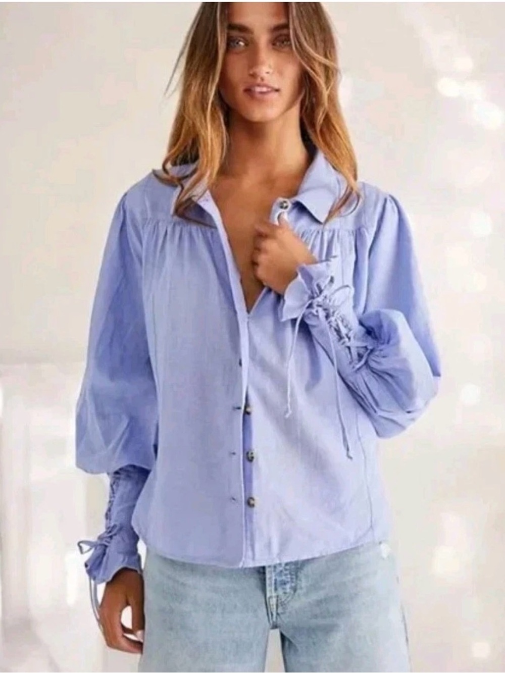 Free People Kiss Kiss Laced Cuff Blouse Lavender Blue Button-Front Peasant XS
